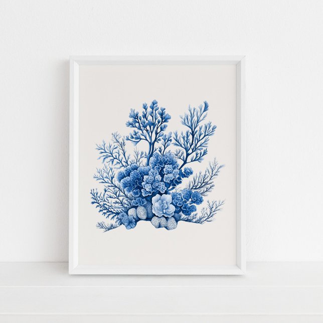 Coral Reef – Coastal Blue on Beige Poster (Coral Reef – Coastal Blue on Beige Poster in a white frame on the floor)