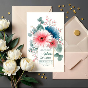 Coral Reef Gerbera and Dusty Blue Wedding Invitation