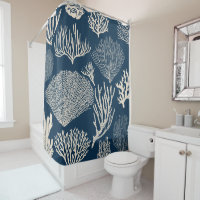 Coral reef in navy blue shower curtain