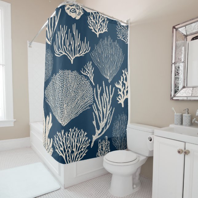 Coral reef in navy blue shower curtain (In Situ)