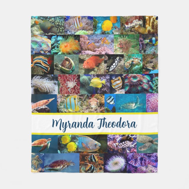 Coral Reef Marine Life Fish Animals Photos Collage Fleece Blanket (Front)