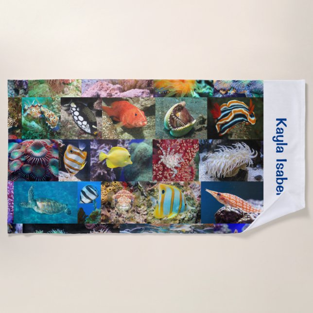Coral Reef Marine Life Fish Animals Photos Name Beach Towel (Front)