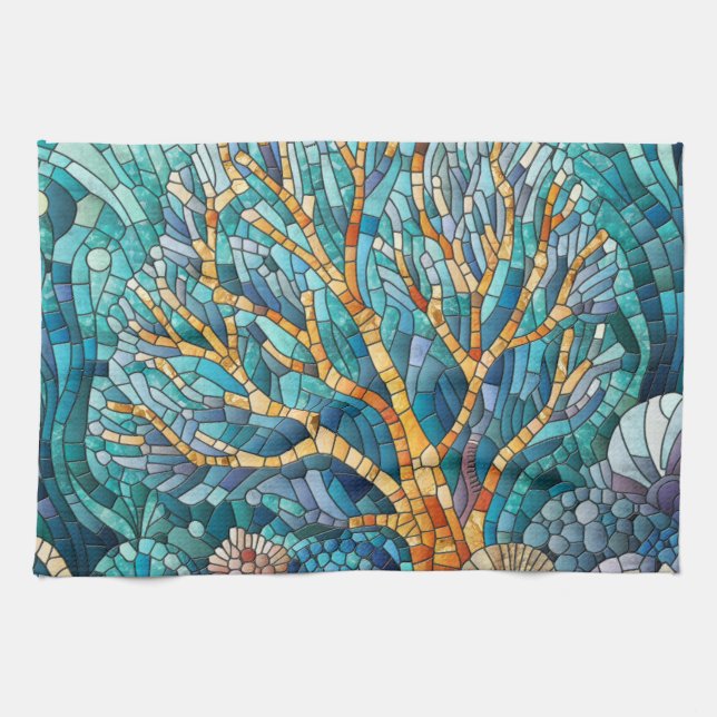 Coral Reef mosaic art Tea Towel (Horizontal)