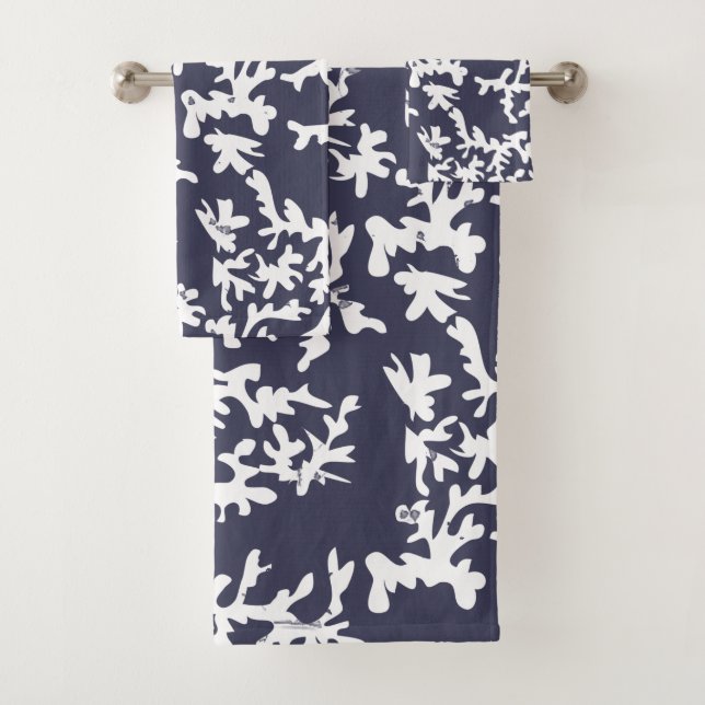 Coral Reef Navy Blue and White Ocean Theme Bath Towel Set (Insitu)