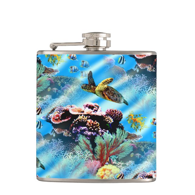 Coral Reef Ocean Sea Life Turtle Tropical Fish Hip Flask (Front)