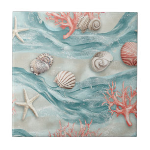 Coral Reef Seashells & Aqua Waves Pattern (12) Tile