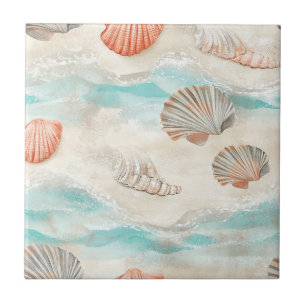 Coral Reef Seashells & Aqua Waves Pattern (2) Tile