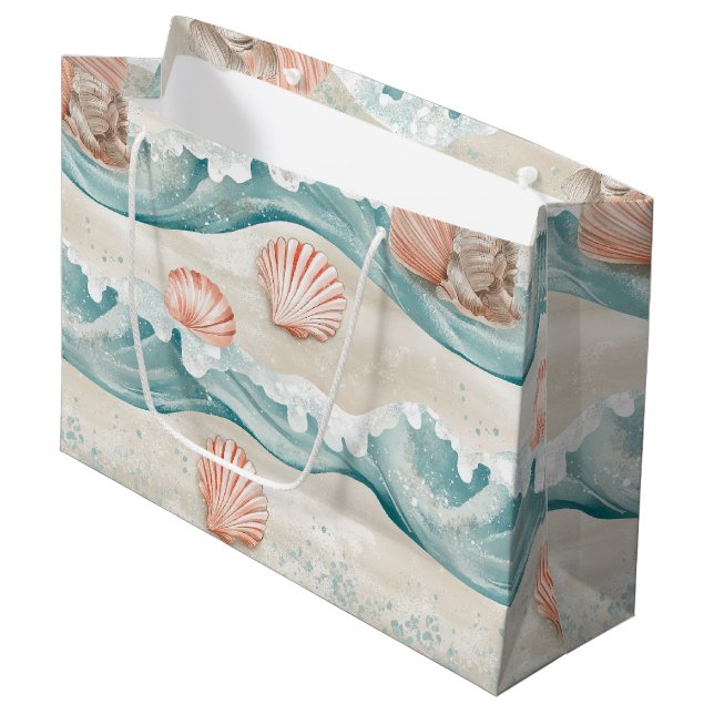 Coral Reef Seashells & Aqua Waves Pattern (3) Large Gift Bag (Front Angled)