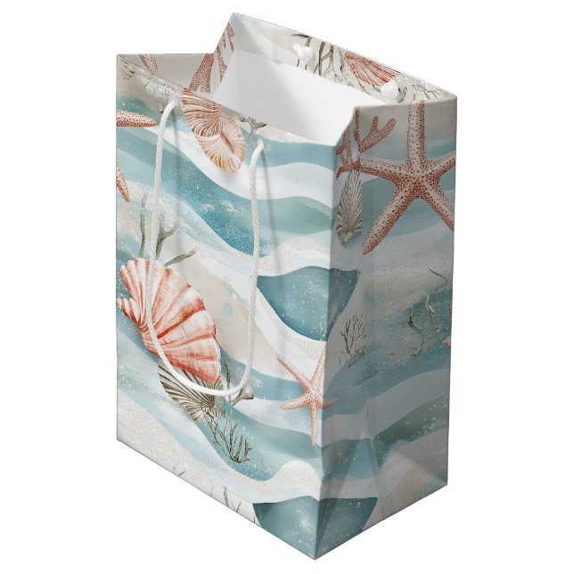 Coral Reef Seashells & Aqua Waves Pattern (4) Medium Gift Bag (Front Angled)
