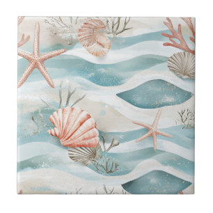 Coral Reef Seashells & Aqua Waves Pattern (4) Tile