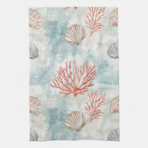Coral Reef Seashells & Aqua Waves Pattern (7) Tea Towel