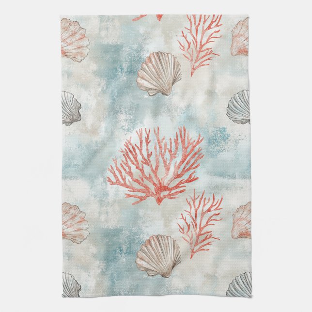 Coral Reef Seashells & Aqua Waves Pattern (7) Tea Towel (Vertical)