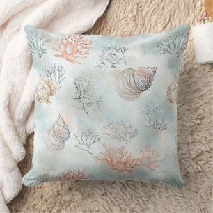Coral Reef Seashells & Aqua Waves Pattern Cushion