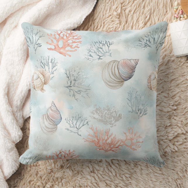 Coral Reef Seashells & Aqua Waves Pattern Cushion (Blanket)
