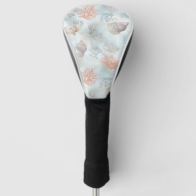 Coral Reef Seashells & Aqua Waves Pattern Golf Head Cover (Front)