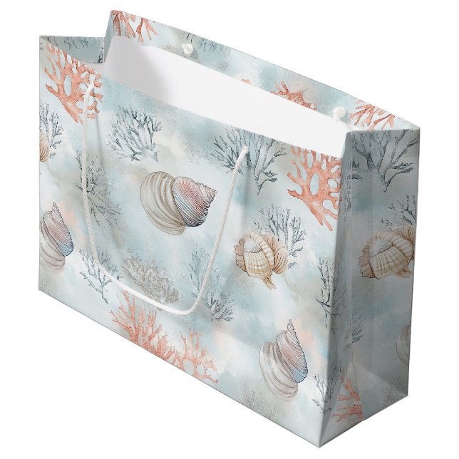 Coral Reef Seashells & Aqua Waves Pattern Large Gift Bag (Front Angled)