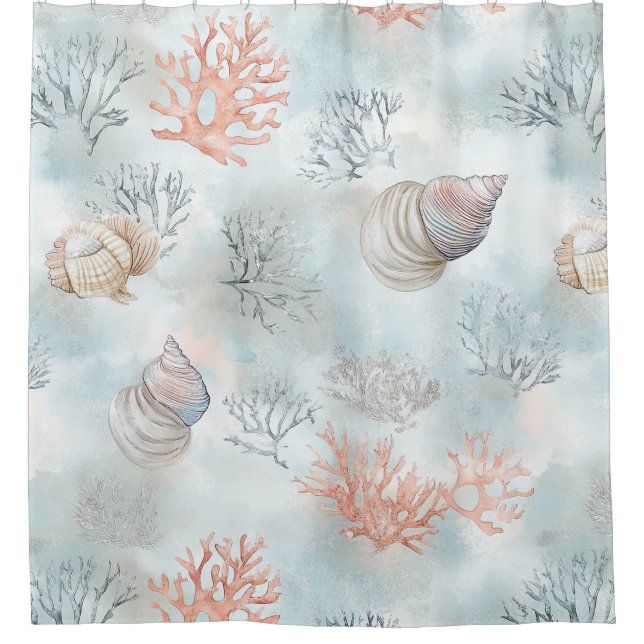 Coral Reef Seashells & Aqua Waves Pattern Shower Curtain (Front)