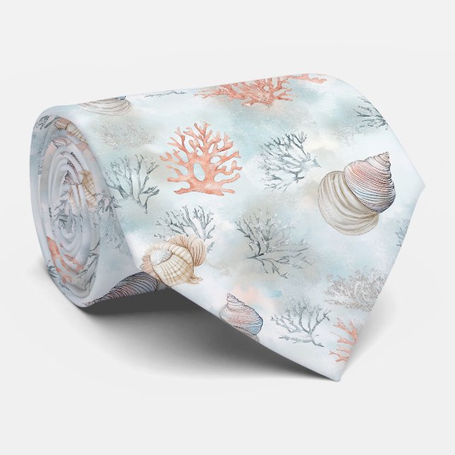 Coral Reef Seashells & Aqua Waves Pattern Tie (Rolled)