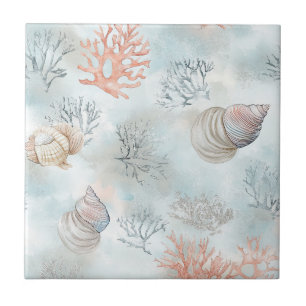 Coral Reef Seashells & Aqua Waves Pattern Tile