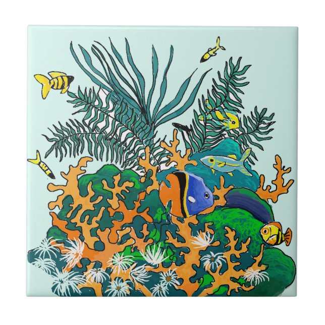 Coral Reef Tropical Fish Aquarium Illustration Tile (Front)