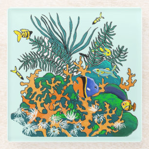 Coral Reef Tropical Fish Salt Water Aquarium Stone Glass Coaster