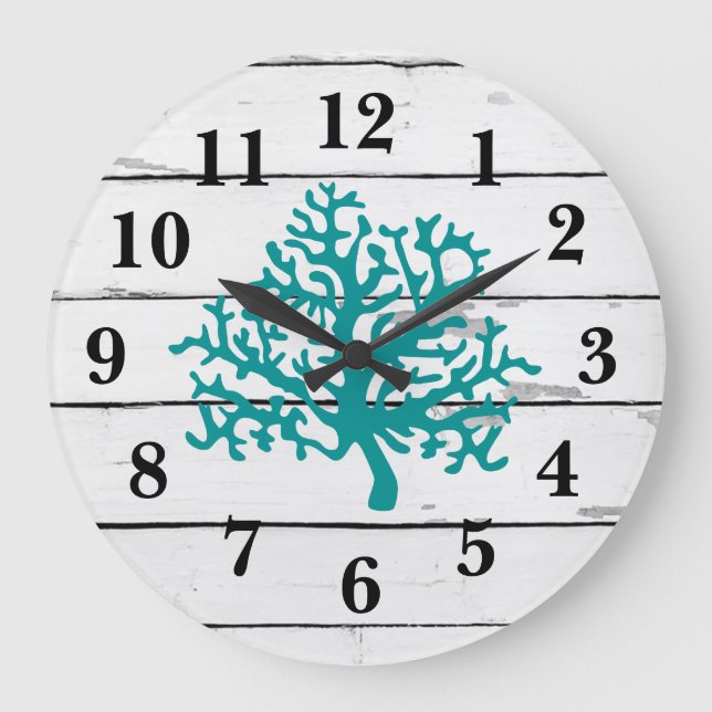 Coral Reef Turquoise Beach Decor Rustc Shiplap Large Clock (Front)