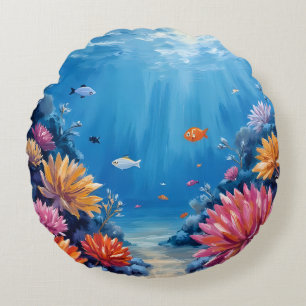 Coral Reef Under the Sea Ocean Painting Round Cushion