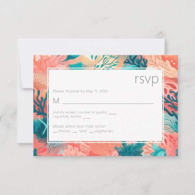 Coral Reef Vibrant Blush pink and teal RSVP Card (Front)