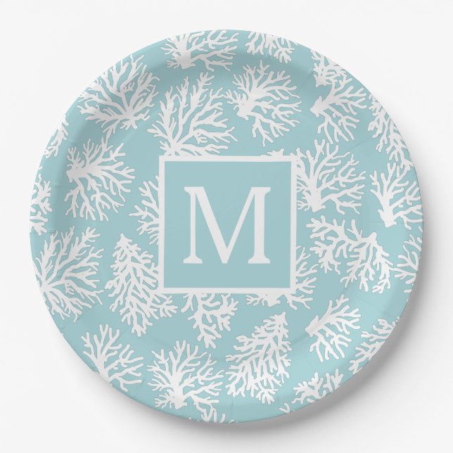 Coral Reefs summer coastal beach  monogram Outdoor Paper Plate (Front)
