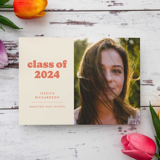 Coral Retro Simplicity Photo Graduation  Announcement (Creator Uploaded)