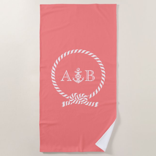 Coral Rope and Anchor Monogrammed Beach Towel (Front)