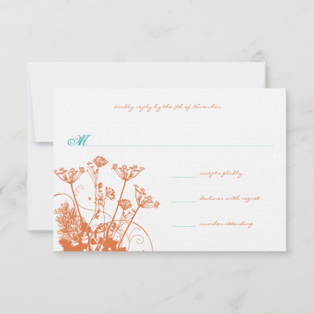 Coral Rose and Turquoise Wildflowers Wedding RSVP Card (Front)