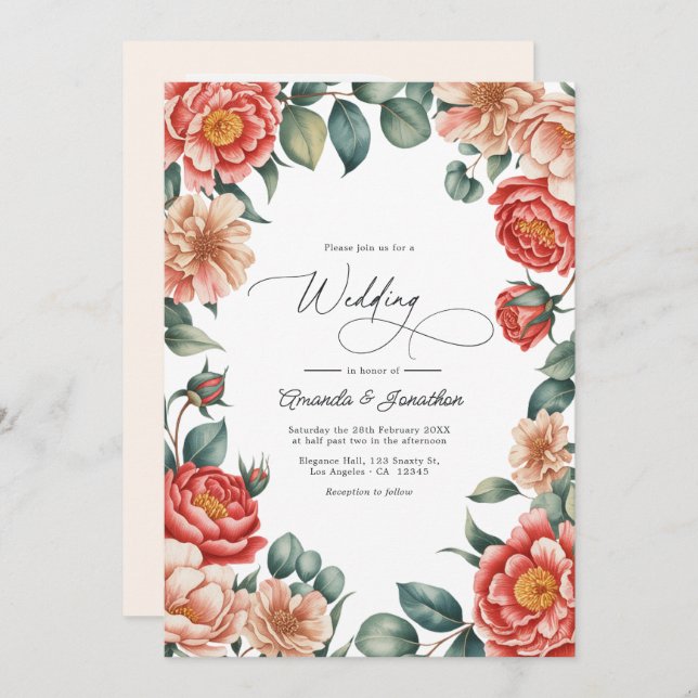 Coral Rose, Apricot Blush, and Soft Mint Wedding Invitation (Front/Back)