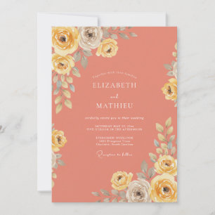 Coral Rose Bloom Wedding Invitation