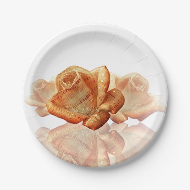Coral Rose Blossom with Sheet Music Paper Plate (Front)