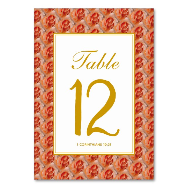 CORAL ROSE Elegant Floral WEDDING Christian Table Number (Front)