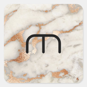 Coral Rose Gold Blush Grey Copper Marble Monogram Square Sticker