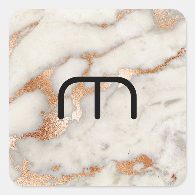 Coral Rose Gold Blush Grey Copper Marble Monogram Square Sticker (Front)