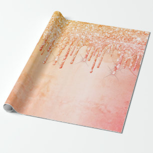 Coral rose gold glitter drips pink birthday wrapping paper