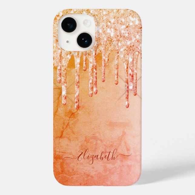 Coral rose gold glitter drips rustic girly Case-Mate iPhone case (Back)
