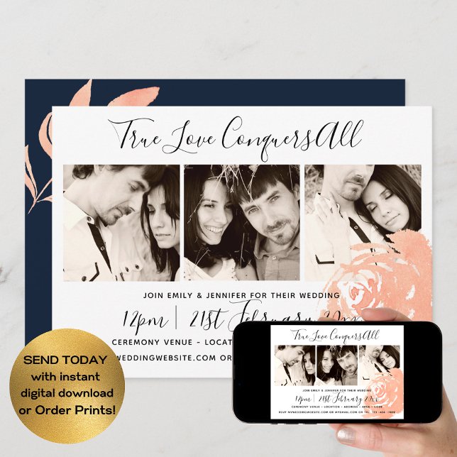 Coral Rose Navy PHOTO COLLAGE Wedding Invitation (Creator Uploaded)
