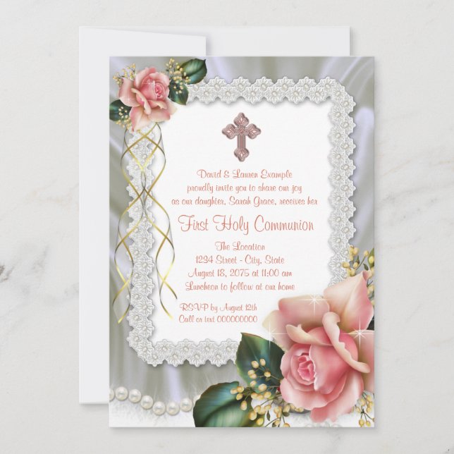Coral Rose Pearl Cross First Communion Invitation (Front)