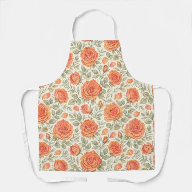Coral Rose & Sage Garden Pattern Apron (Front)