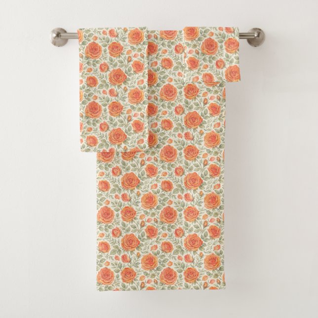 Coral Rose & Sage Garden Pattern Bath Towel Set (Insitu)