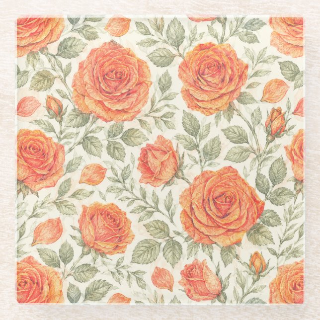 Coral Rose & Sage Garden Pattern Glass Coaster (Front)