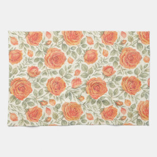 Coral Rose & Sage Garden Pattern Tea Towel