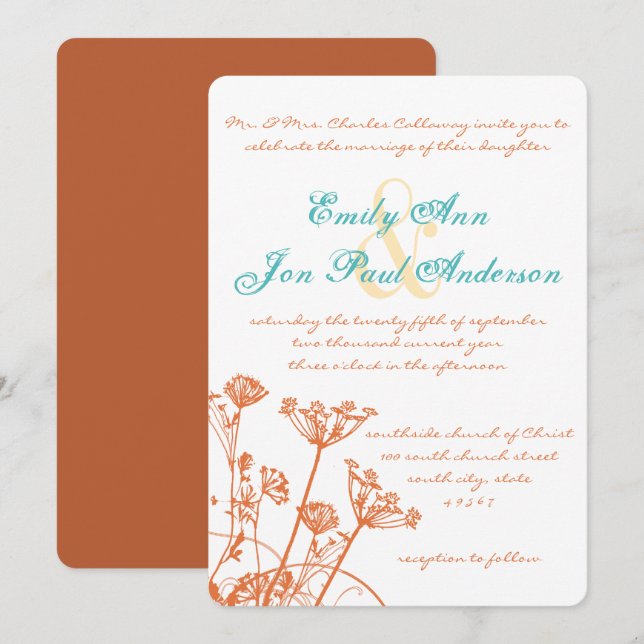 Coral Rose Wild Flowers Wedding Invitations (Front/Back)