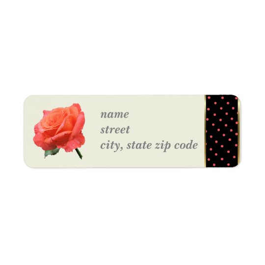 Coral Rose with Coral on Black Dot border Return Address Label