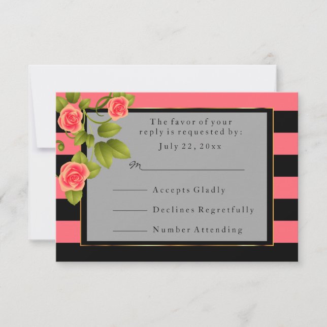 Coral Roses on Coral and Black Stripes RSVP Card (Front)