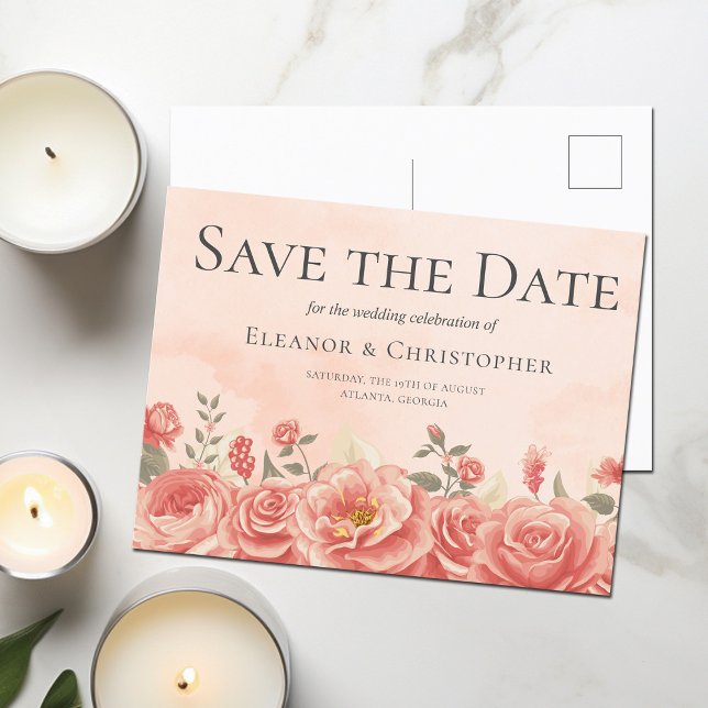 Coral Roses Romantic Peach Floral Save the Date Announcement Postcard (Creator Uploaded)
